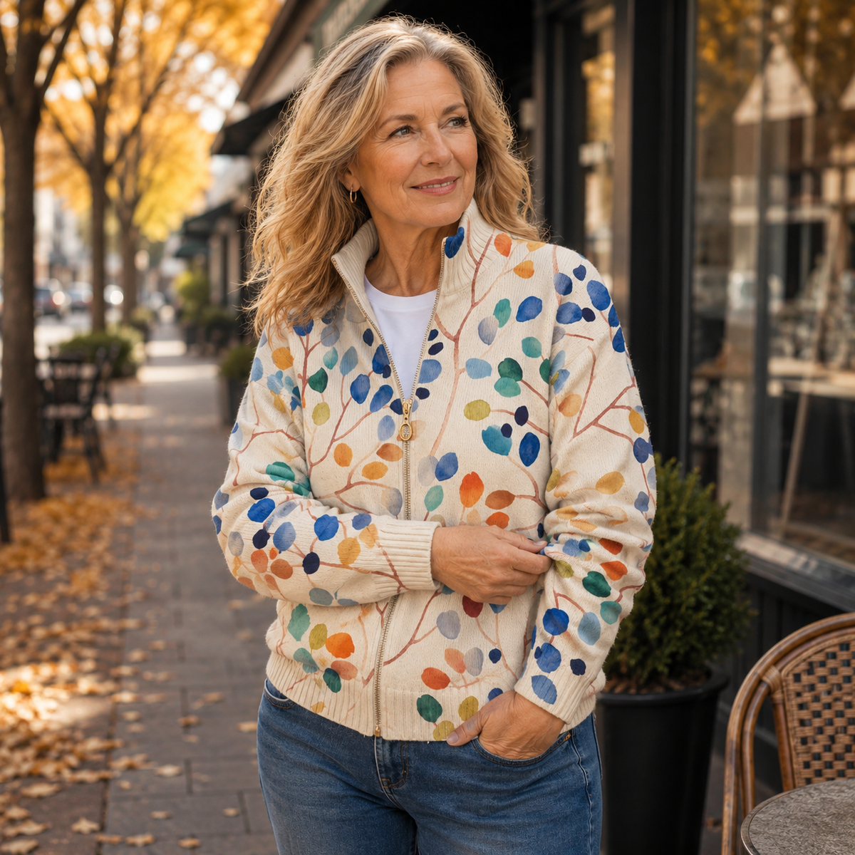 Patricia | Botanical Leaf Print Zip Cardigan