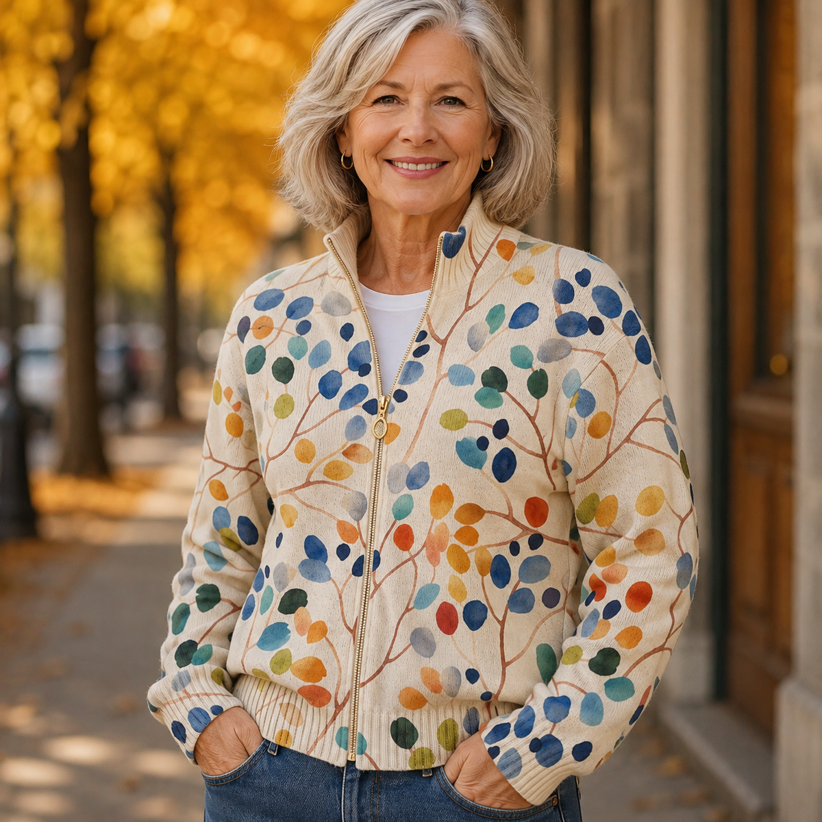 Patricia | Botanical Leaf Print Zip Cardigan