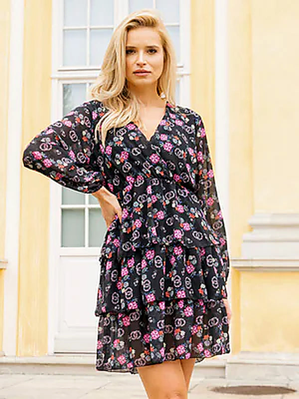 Czarna damska sukienka w kwiaty - Odzież