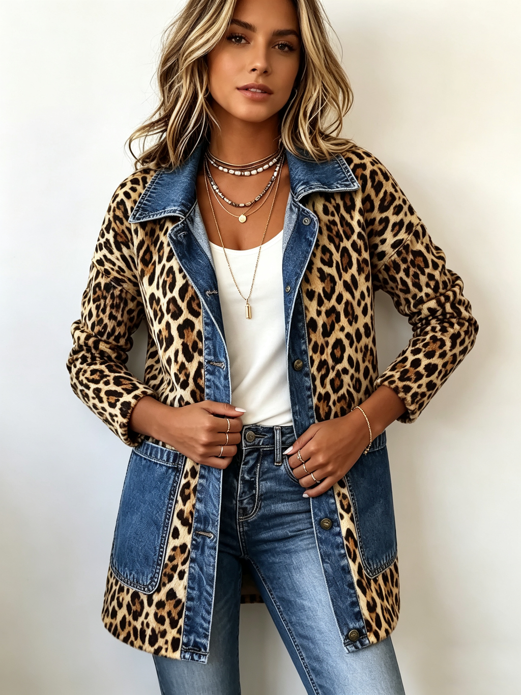 Linda | Leopard Print Denim Panel Contrast Longline Jacket