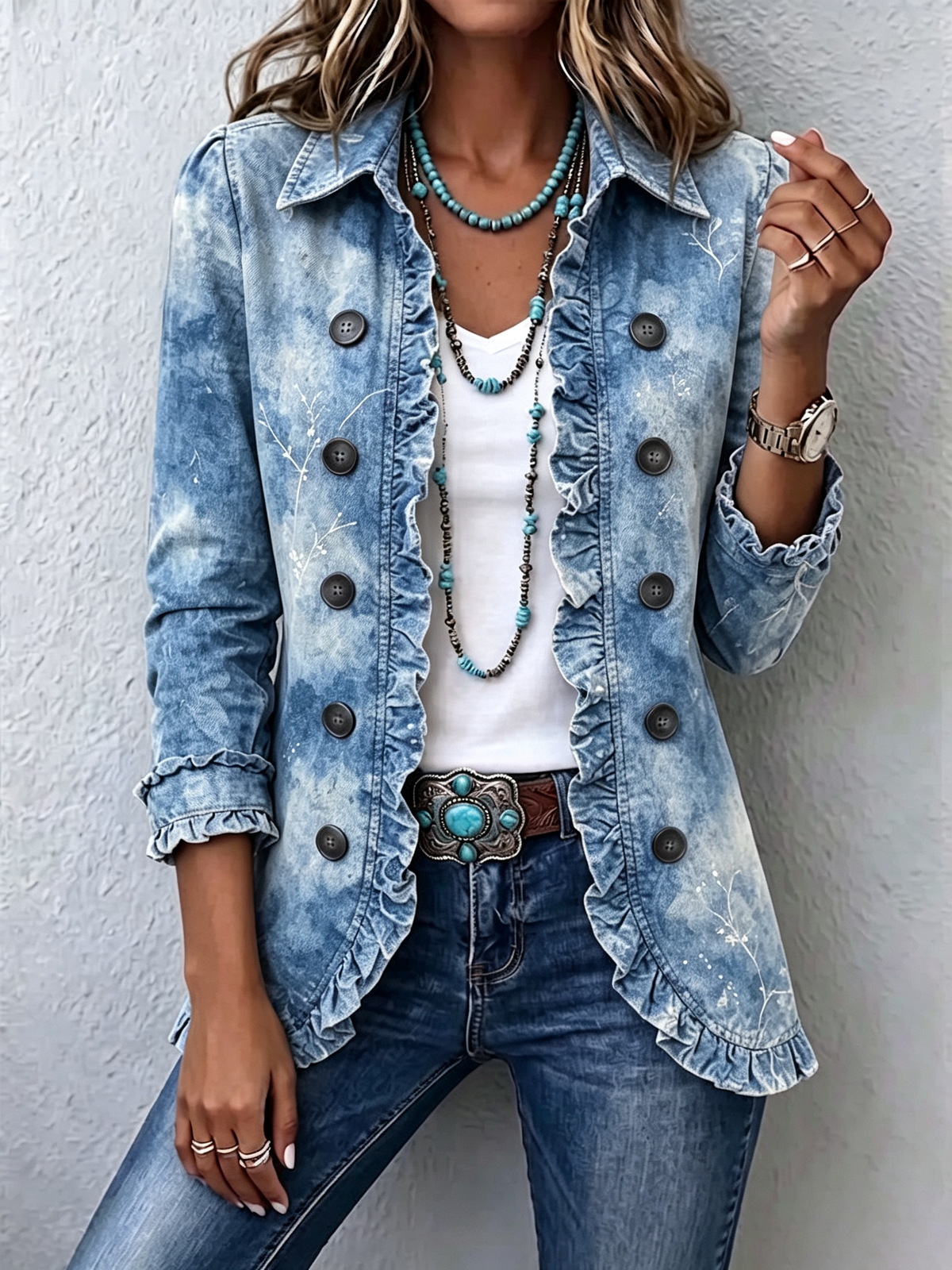 Patricia | Boho-Style Gradient Vintage Botanical Print Ruffle-Detail Jacket